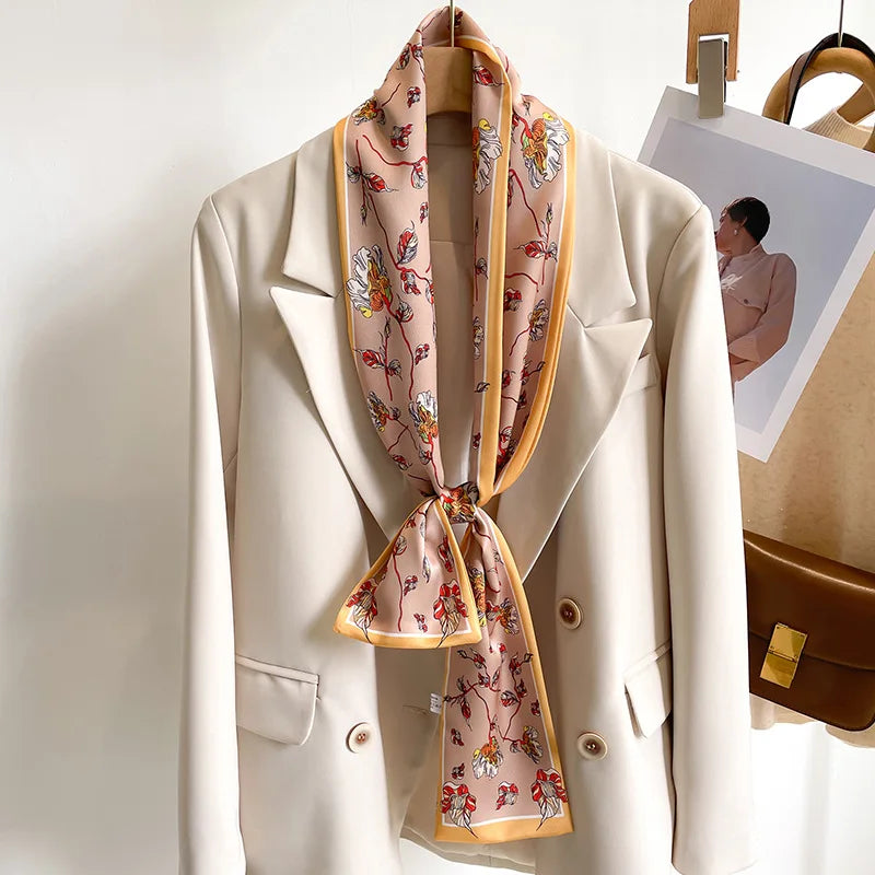 Floral Print 12*145cm Long Ribbon Silk Scarf Women Neck Scarves Headband Female Skinny Neckerchief Hair Band Neck Tie Bag Ribbon