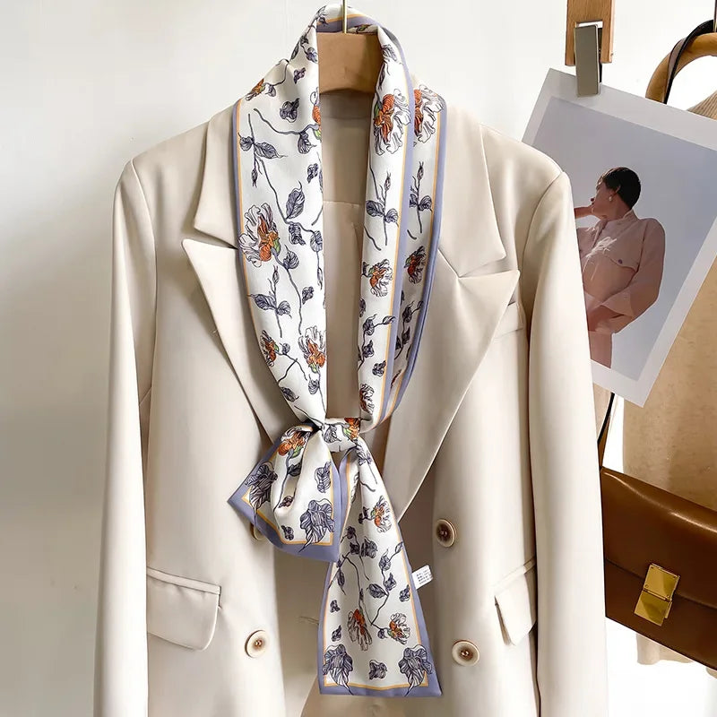 Floral Print 12*145cm Long Ribbon Silk Scarf Women Neck Scarves Headband Female Skinny Neckerchief Hair Band Neck Tie Bag Ribbon