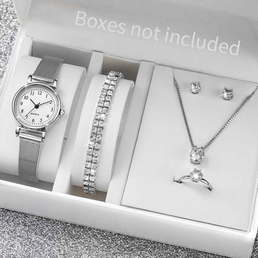 6PCS Fashion Women Watches Small Arabic Dial Quartz Watch Ladies Silver Mesh Band Wristwatches Jewelry Reloj Mujer（Without Box）