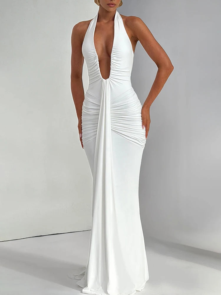 Mozision Deep V Neck Draped Ruched Sexy Maxi Dress Women Summer Fashion Halter Sleeveless Backless Club Party Long Dress Elegant