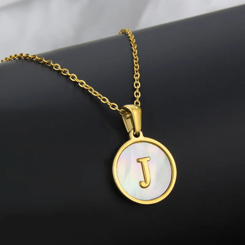 Initial Letter Necklaces for Women Trendy Stainless Steel Circle Couple Pendant Inlaid Shell Jewelry