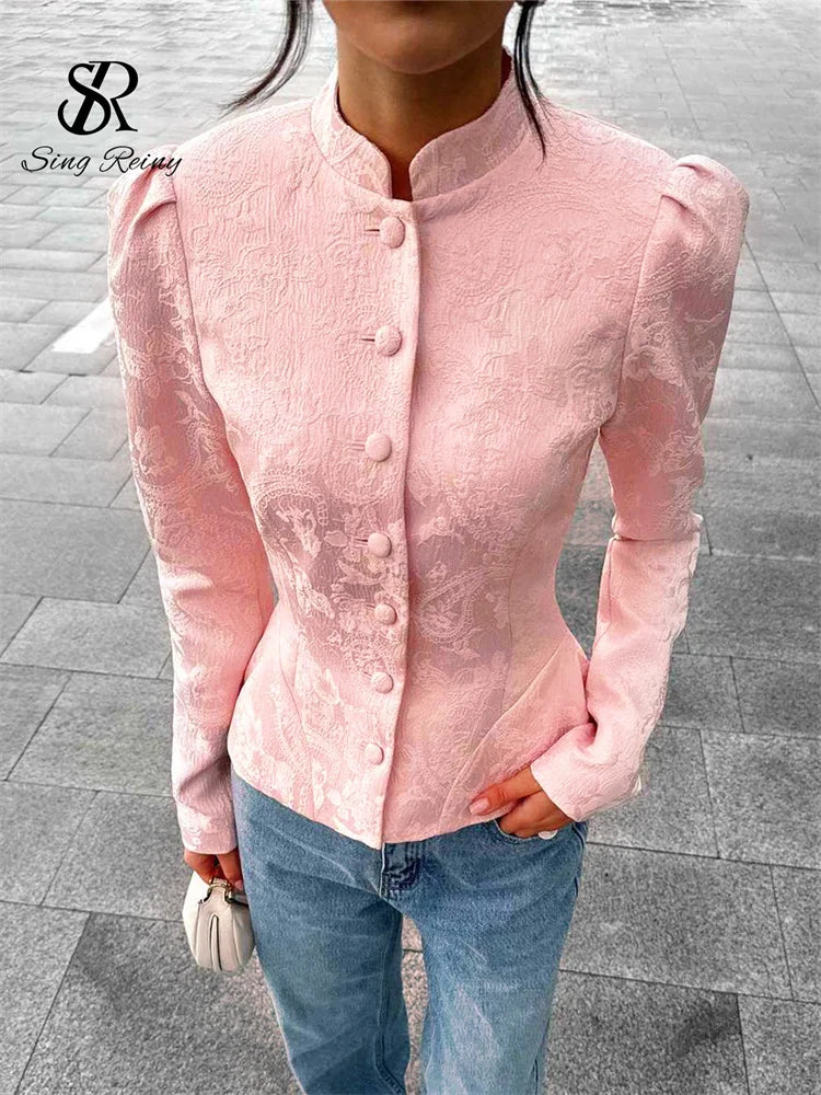 SINGREINY Jacquard Senior Blazer Autumn Stand Neck Full Sleeve Single Breast French Retro Coat Female Office Lady Slim Outerwear