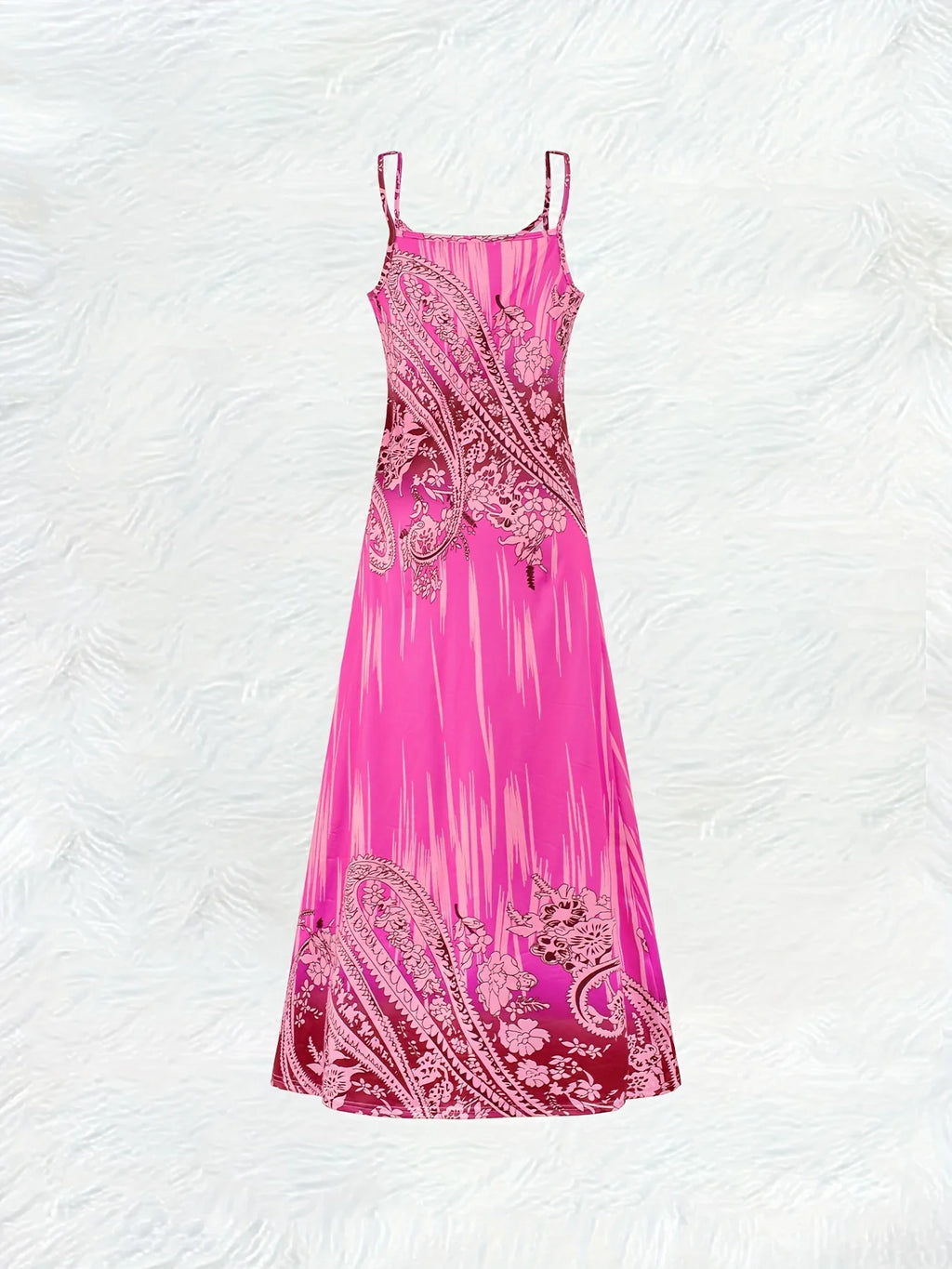 Pink Floral Paisley Embroidery Print Women's Sleeveless V Neck Midi Dress Summer Casual Beach Party Outfit 2024 New