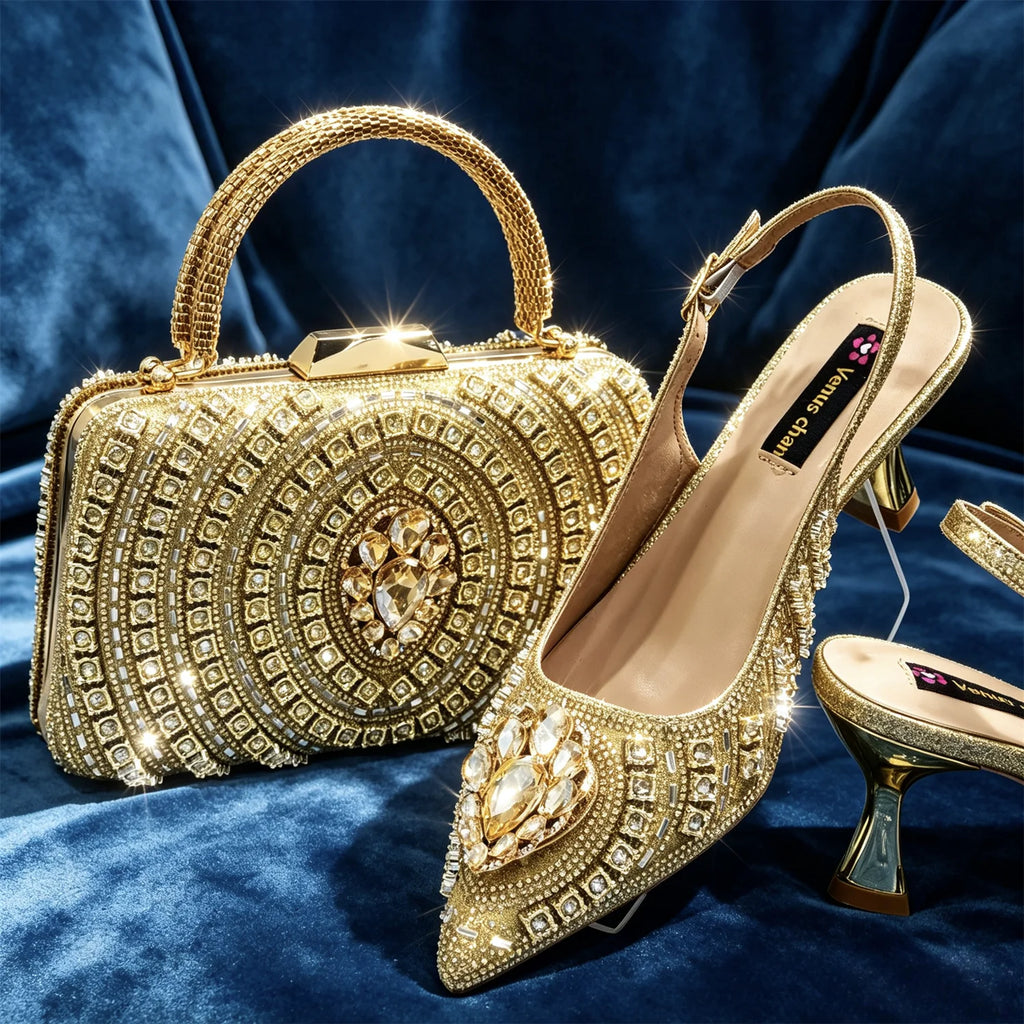 2026 Italian Inspired Gold Rhinestone HAND CRAFTED UPPER Pointed Toe Women High Heels Shoes and Bag Set Elegant Party Shoes