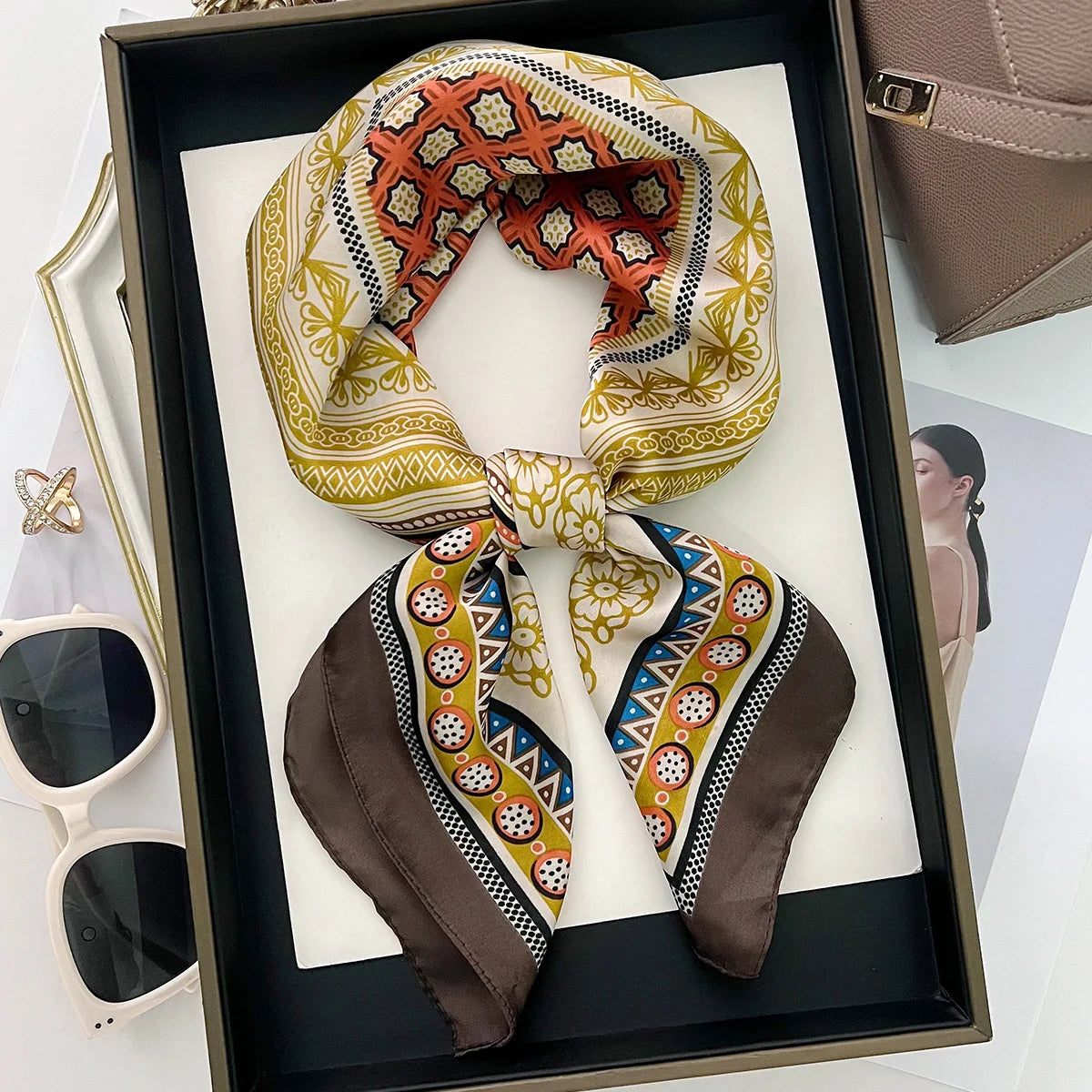 2025 New Yellow Lemon Print Square Silk Scarf for Women 70*70cm Neck Ties Fashion Decorate Neckerchief Female Hijab Bag Ribbions