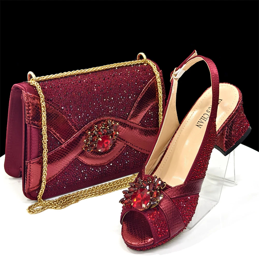 Venus Chan Elegant 2025 Gold Peep-Toe Heels with Diamond Accents - Italian Matching Pumps and Bag Set for Parties