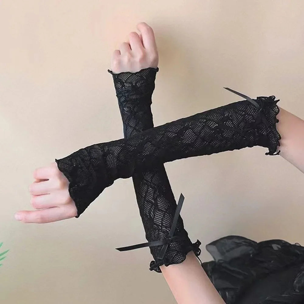 Graceful Lace Bowknot Womens Sleeve Sun Protection Hollow Out Lace Fingerless Gloves Y2K Bridal Wrist Gloves