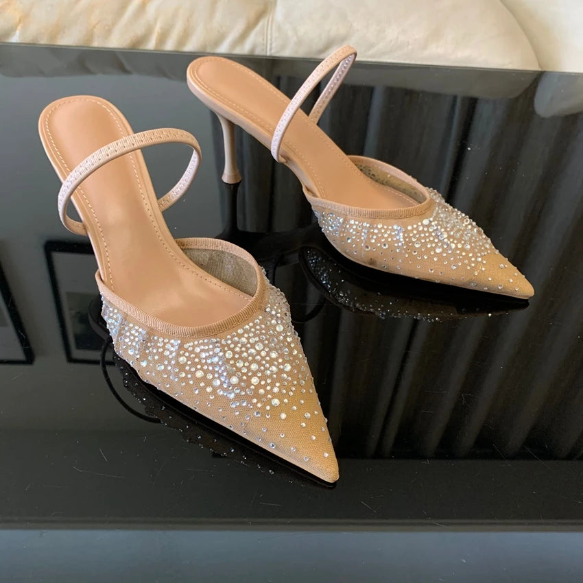 2025 Women High Heels Sandals Summer Fashion Mesh Rhinestone Slingback Woman Pumps Elegant Woman Sandals Party Lady Shoes