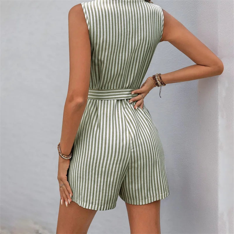 Lamuusaa Women Playsuit Summer Stripe Print V Neck Sleeveless Loose Shorts Jumpsuit Romper with Belt and Pockets Streetwear