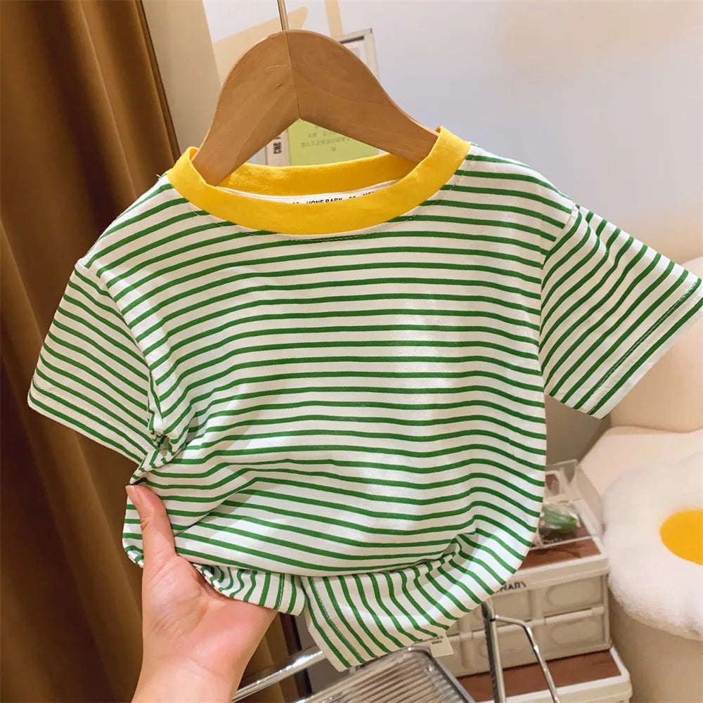 Children's Short-Sleeved Boys Girls 2024 Summer New Striped T-Shirt Baby Thin Section Half-Sleeved Bottoming Shirt Casual Wear