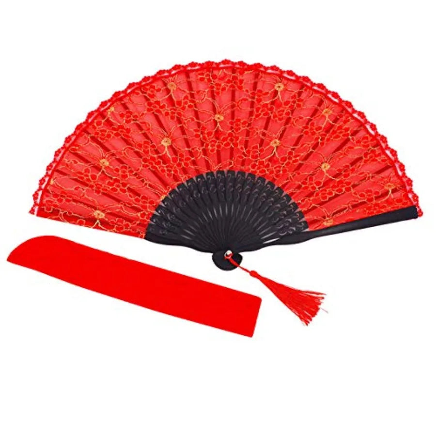 Chinese/Japanese Vintage Retro Style Bamboo Wood Silk Folding Hand Fan for Women 23cm with Tassel Pendant and Silk Pouch