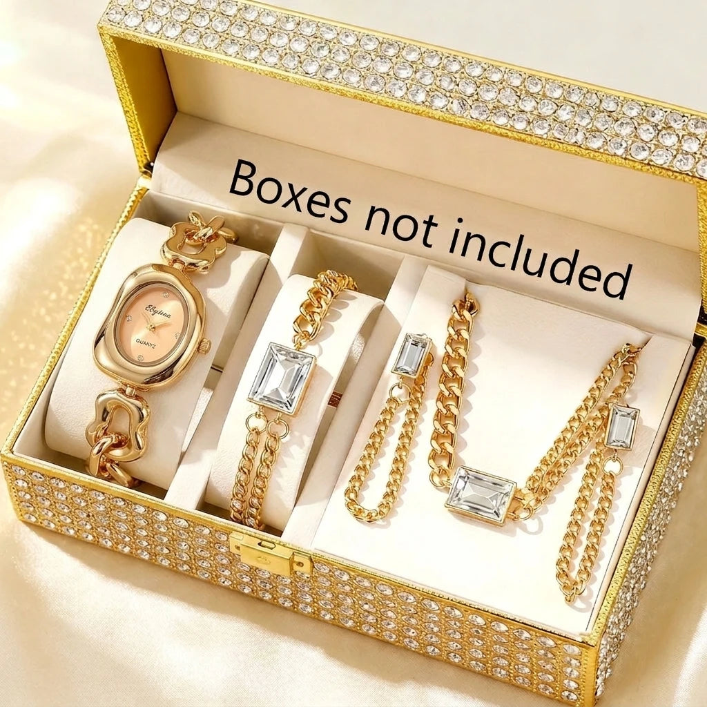 5PCS Fashion Irregular Women Quartz Watch Jewelry Set Elegant Chain Bracelet Rhinestone Ladies Wristwatch  (Without Box）