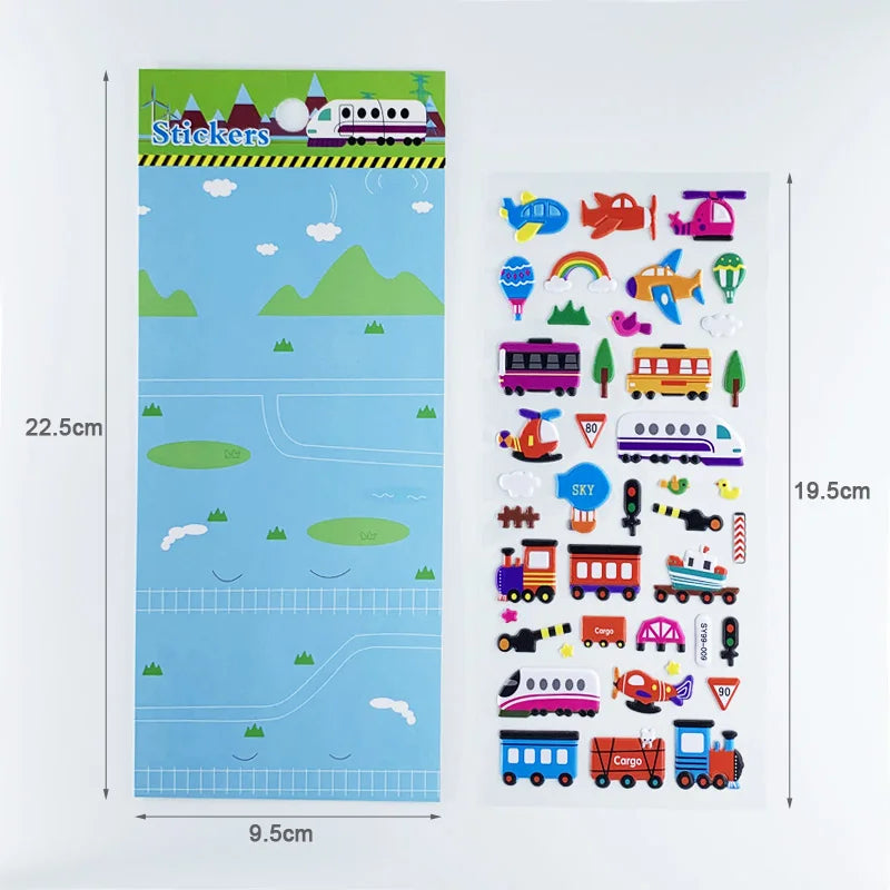 6 Sheets 3D Bubble Sticker Car Truck Plane Traffic Waterproof Cartoon Anime Stickers For Girl Boy Kids Funny Educational Toys