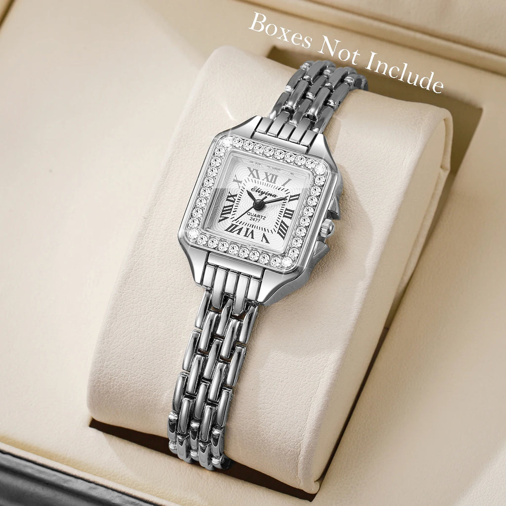 Elegant Rhinestone Square Women Watches Fashion Roma Dial Quartz Wristwatch Reloj Mujer Ladies Clock (Without Box)