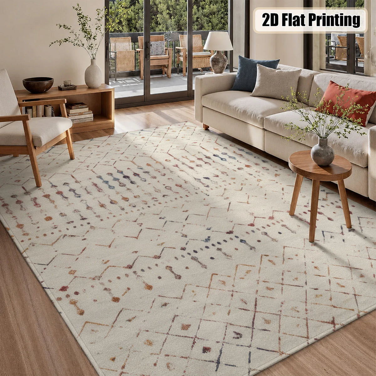 Large Indoor Area Rug, Soft Velvet Low Pile with Non-Slip Dotted Backing, Machine Washable Cream Tribal Geometric Accent Rug for Living Room, Bedroom, Entryway and Dining Spaces