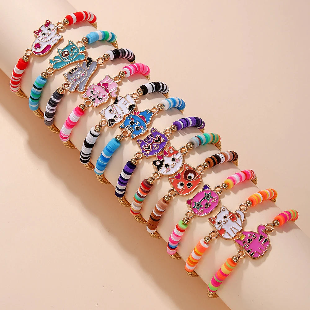 12Pcs/set Unicorn Cat Flower Charm Elastic Handmade Beaded Bracelets for Women Girls Birthday Party Jewelry Friendship Gift