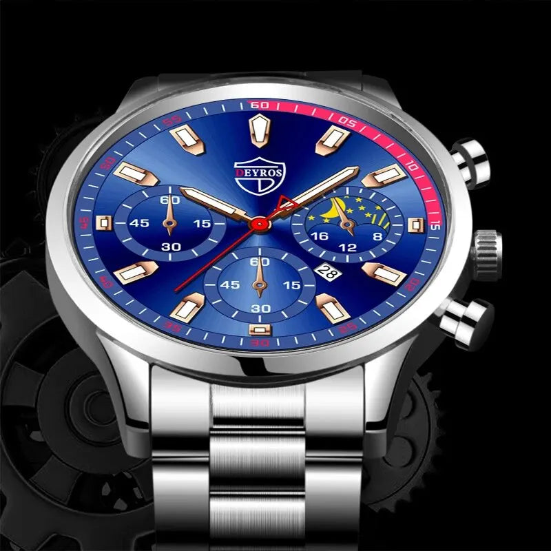 DEYROS Luxury Men Silver Quartz Wristwatch Male Stainless Steel For Men Business Fashion Round Calendar Watch Luminous Clock