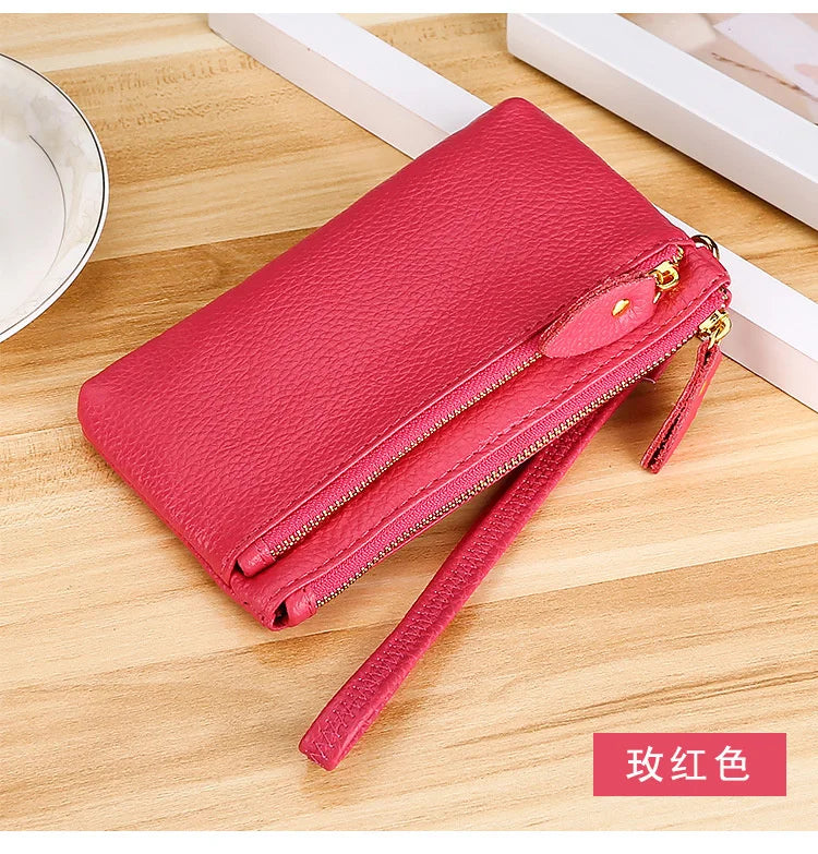 Fashion Women Genuine Leather Wristlet Clutch Bag Multifunctional Coin Purses Wallet Zipper Card Holder Money Clip Phone Bag