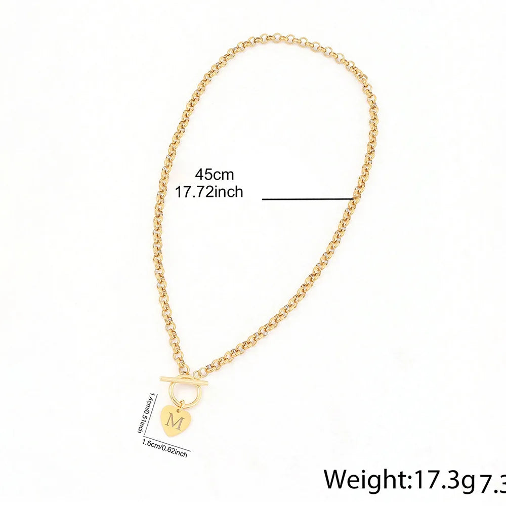WG 1pc Stylish OT Buckle Stainless Steel Heart-Shaped Letter Pendant Necklace Niche 26 English Alphabet Clavicle Chain Necklace
