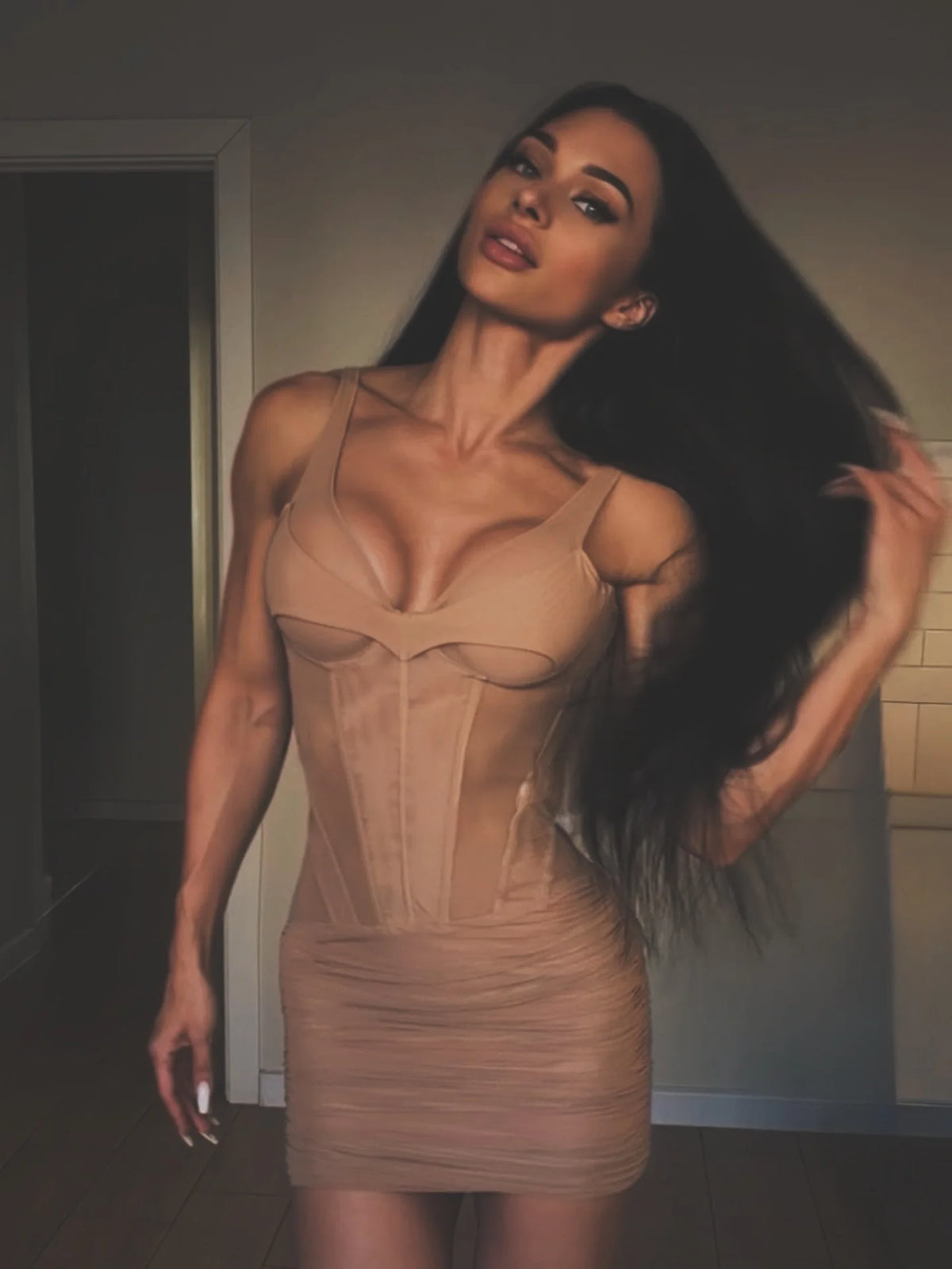 Sexy Nude Fishbone V-neck Dress Women Elegant Sleeveless Pleated Slim Waist-cinching Gown 2026 Summer Party Casual Streetwear
