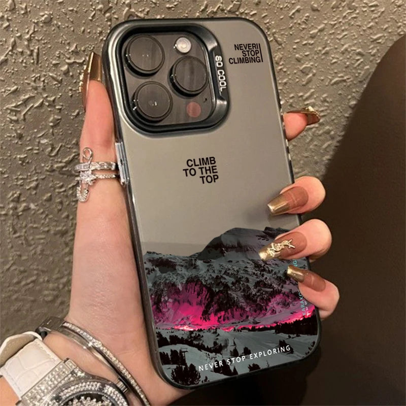 Snow Mountain Landscape Sunset Electroplate Silver Phone Case For iPhone 16 Pro 17 18 Pro 11 12 13 14 15 Pro Max Air 16E Cover