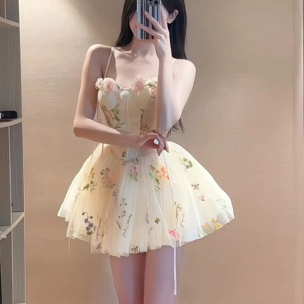French Sweet Floral Fairy Mini Dress Summer Vacation Elegant Slim Waist Spaghetti Strap Short Dress Women Romantic Chic Outfit