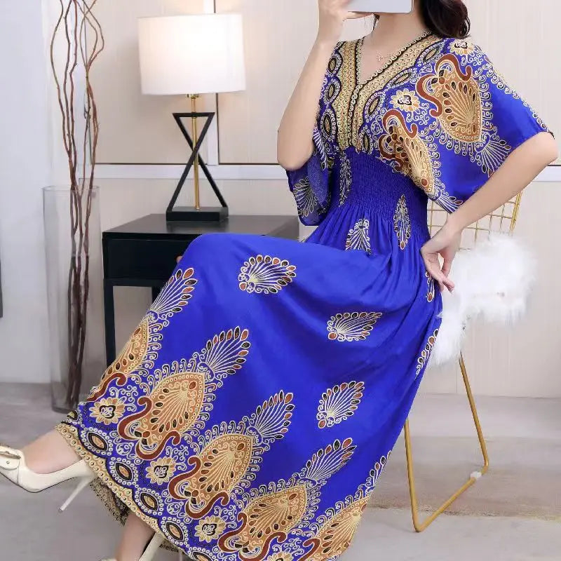 2025 Summer New Casual Elegant Retro Bohemian Style V-neck Elastic Waist Large Swing Printed Long Skirt Autumn Summer Dress
