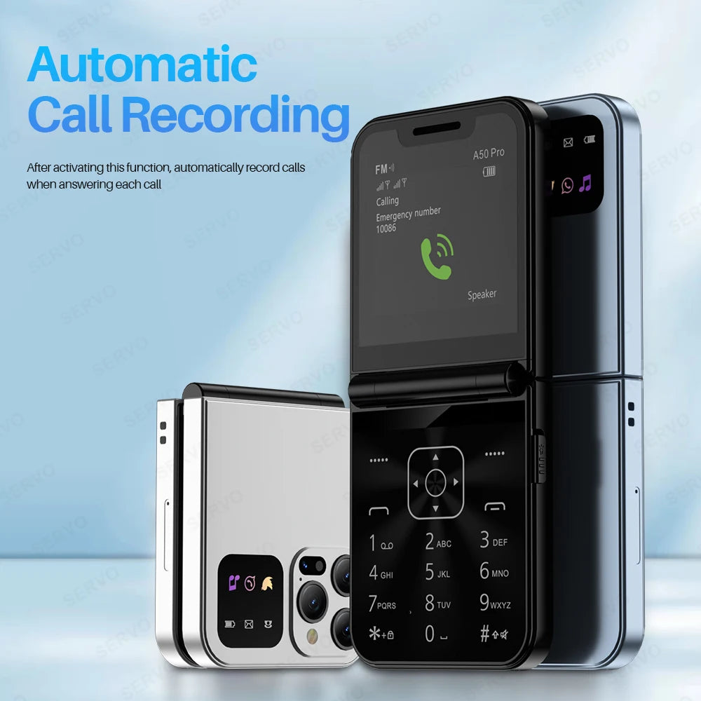 SERVO A50 PRO Flip Mobile Phone 2G GSM Call Recording Blacklist Speed Dial Flashlight Foldable Feature Cellphones Dual SIM Card