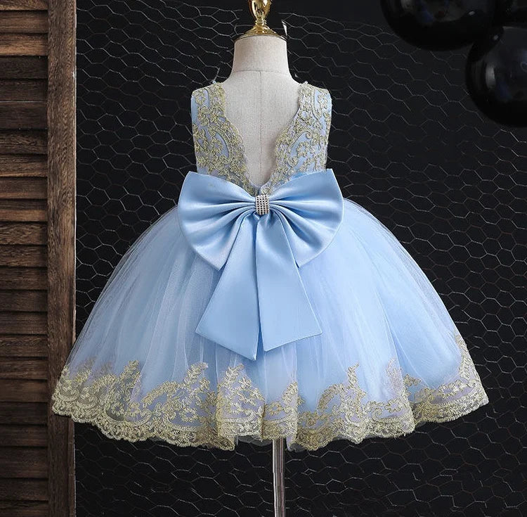 Girl's Dress 2025 New Girl's Embroidered Bow Princess Dress Fashion Open Back Mesh Dress Banquet Performance Evening Dress