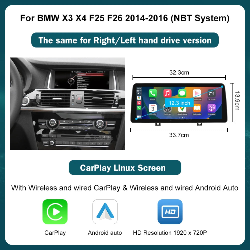 RoadTop 12.3'' Wireless CarPlay Multimedia Linux Touch Screen For BMW X3 F25 X4 F26 2011-2016 CIC NBT Android Auto Link