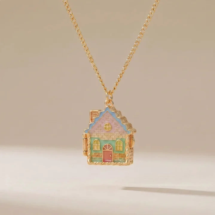 Fairy Tale Gingerbread House Necklace Open and Close Pendant Necklace Women Girls Enamel House Girl Necklace Jewelry Accessory