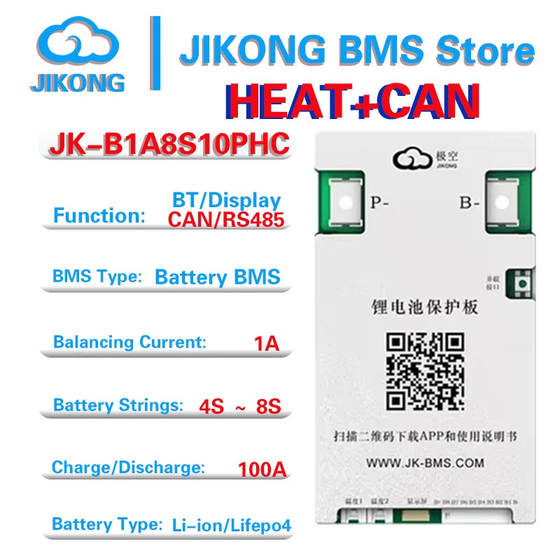 Jikong BMS JK-B2A8S20P CANBUS 100A 200A 300A 4S 5S 6S 7S 8S 12V 24V Battery with 1A 2A Active Balanced Heating Li-ion LiFePO4