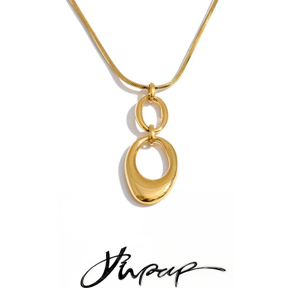 Yhpup 2026 Stainless Steel Oval Pendant Necklace Tarnish Resistant 16K Gold Color PVD Plated Distinctive Collar Jewelry