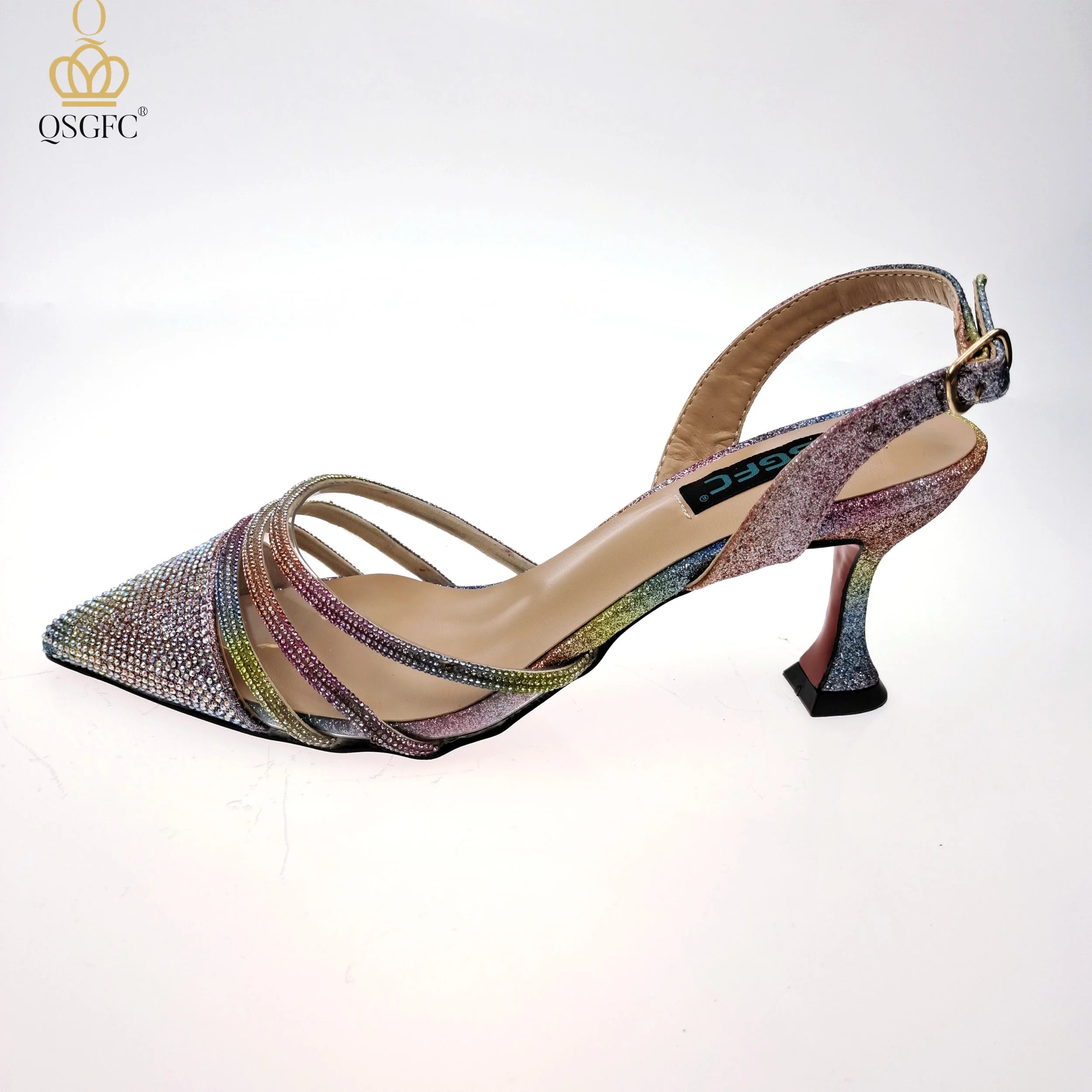 QSGFC Italian Design Nigeria New Trendy Full Diamond Embellished High Heels Peach Color Women's Bag and Shoes For Party Wedding