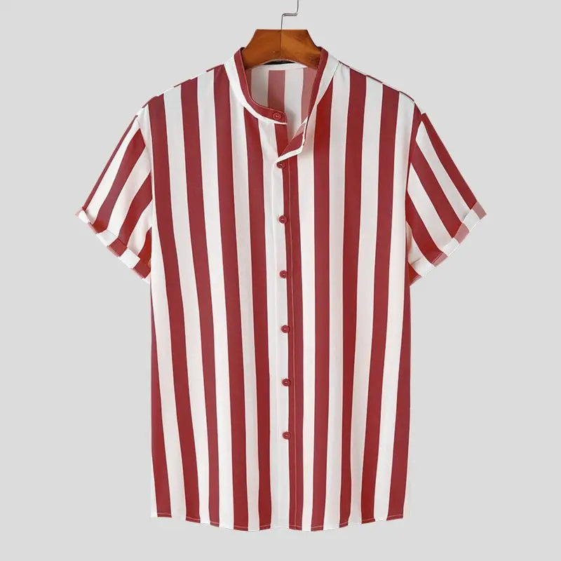 INCERUN Men Striped Shirt Stand Collar Short Sleeve Casual Men Clothing Harajuku Streetwear Summer 2023 Leisure Shirts S-5XL
