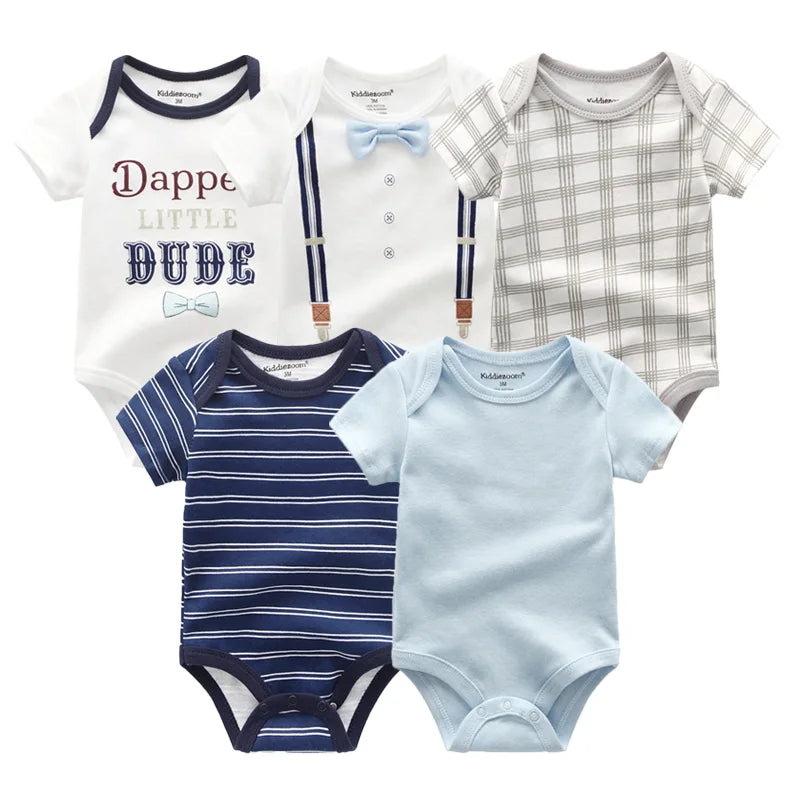 Newborn Bodysuits Unisex 5Pieces Baby Girl Clothes Solid Color Cotton Baby Boy Clothes Set Cartoon Print Summer Bebes