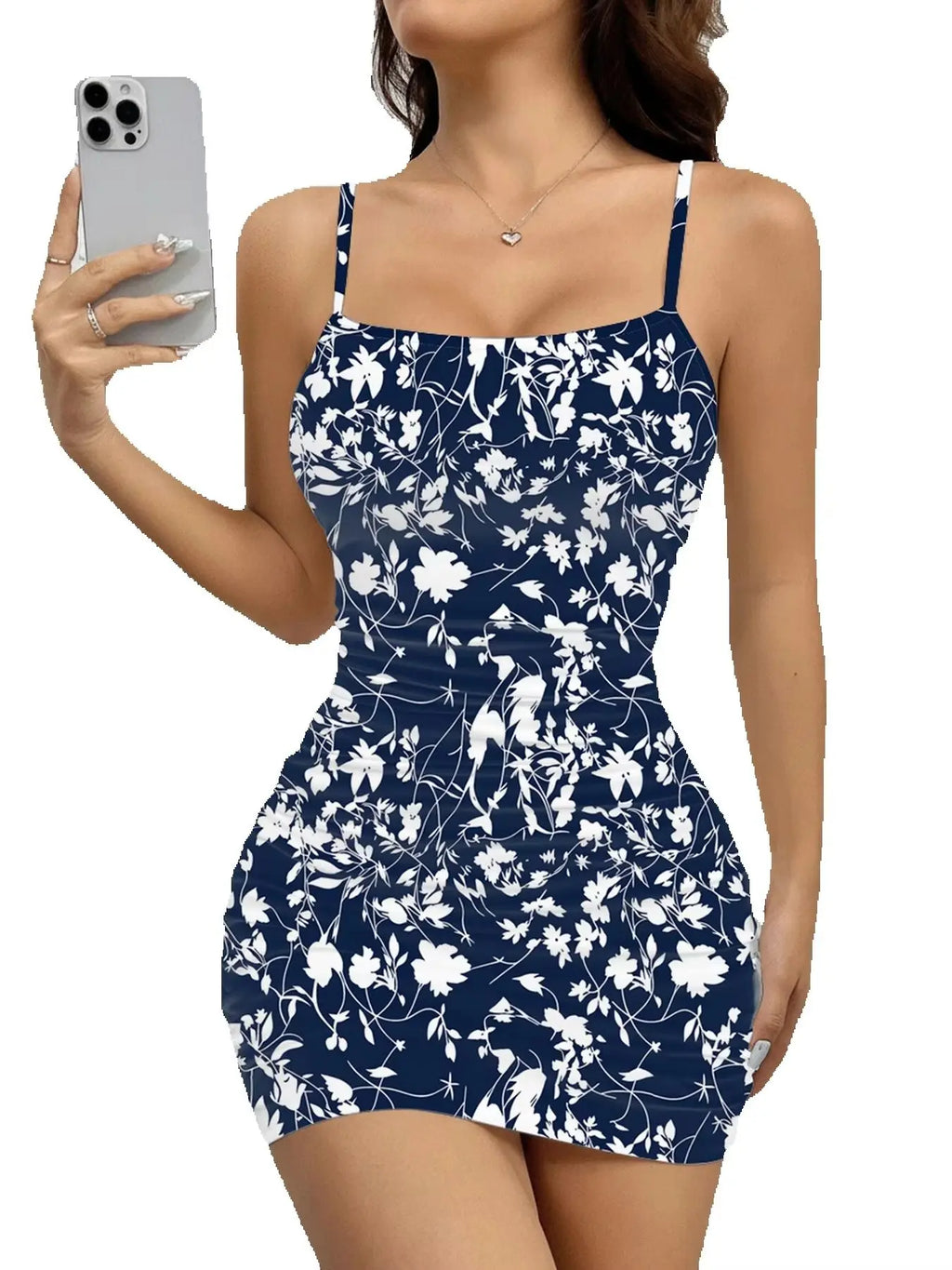 Women's Summer Casual Fashion Comfortable Floral Print Square Neck Sleeveless Suspender Dress Short Skirt