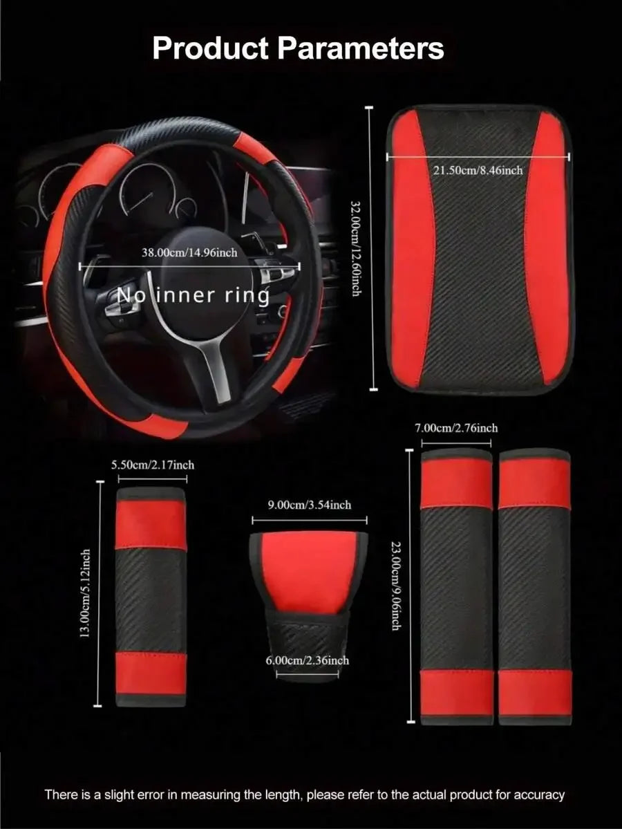 6-Piece PU Leather Car Interior Accessories Set Steering Wheel Cover Armrest Handbrake Seat Belt Covers For Sedan SUV Truck