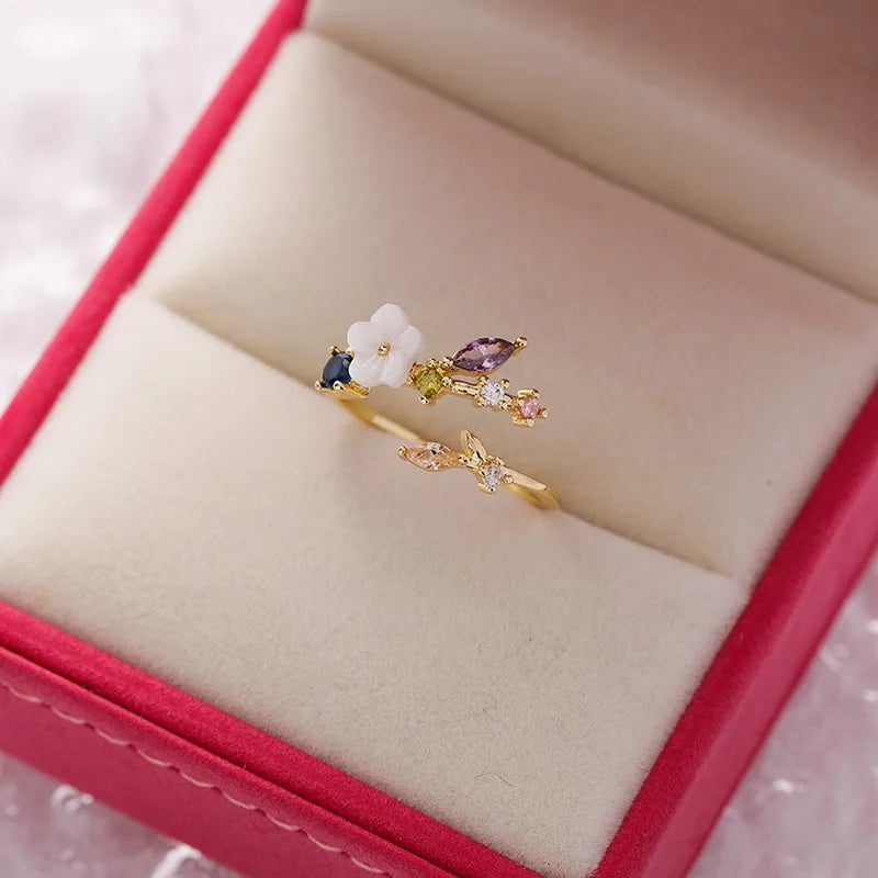 Korean CZ Sweet Crystal Zircon Heart Ring For Women Exquisite Shell Flower Opening Finger Rings Princess Wedding Jewelry