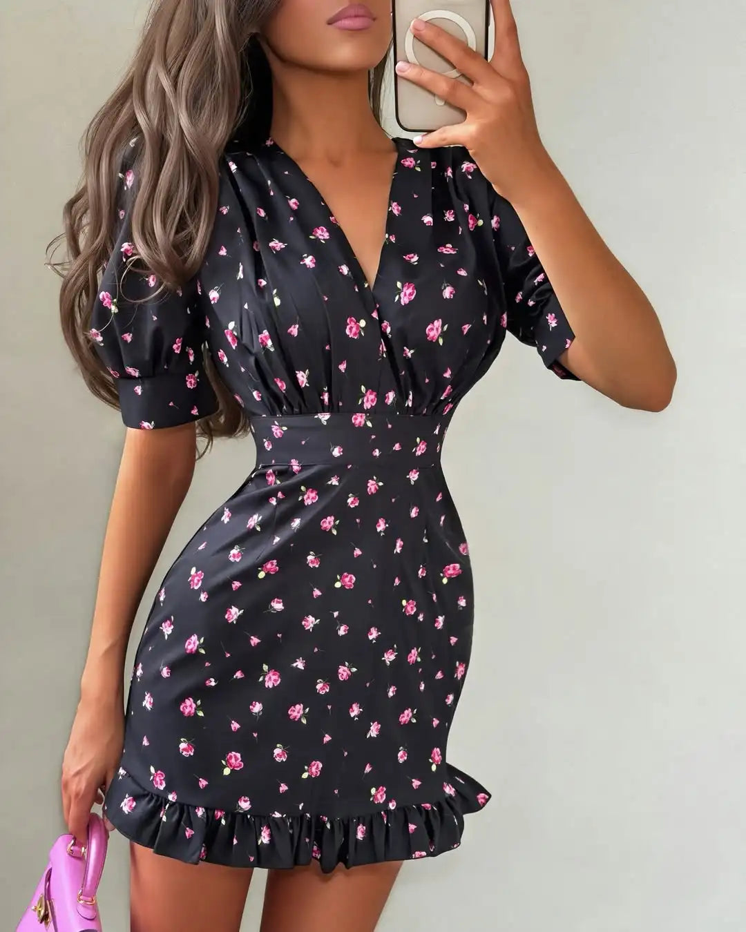 Elegant Floral Printed Mini Dress Women V-neck Short Sleeves Waist Cinching Ruffle Hem Dresses 2026 Lady Summer Vacation Robe