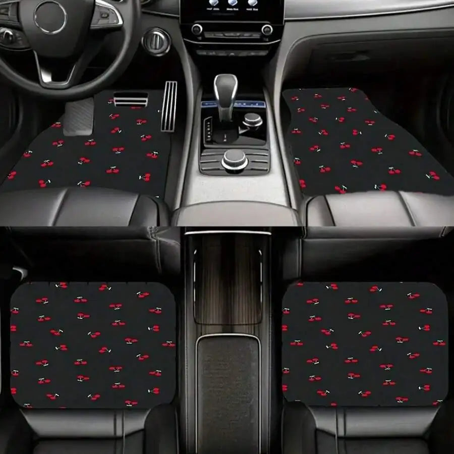 4-Piece Car Floor Mats Cherry Pattern Universal Fit Easy Clean Durable