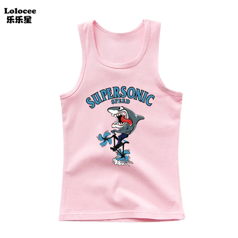 Kids Animal Sea Shark Sleeveless T-shirt 2023 Summer Children Tank Tops Baby Kids Cool Tees 3-14 Years Old