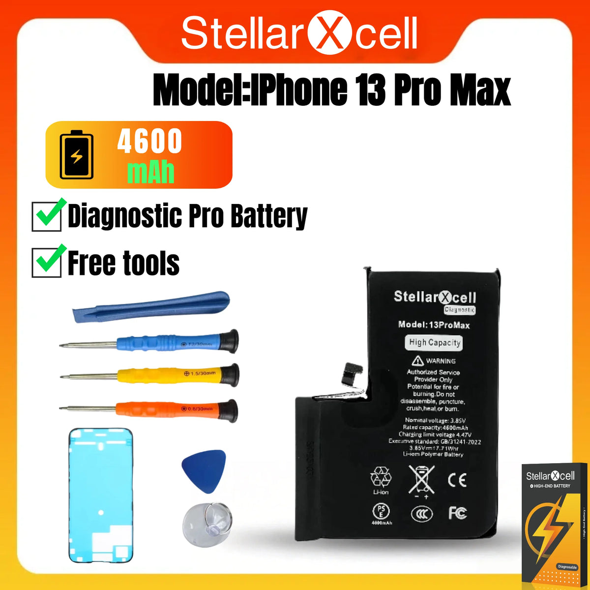 StellarXcell Diagnostic Battery Show Genuine Part No Pop Up Message for iPhone 12mini 13Pro 14Plus 15Promax Battery Replacement