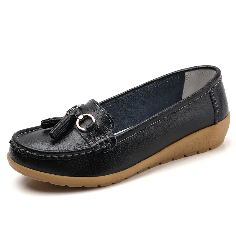 Genuine Leather Women Flats Fashion Casual Women Shoe Moccasins Shoes Woman Slip On Flat Shoes Black Ladies Shoes Plus Size