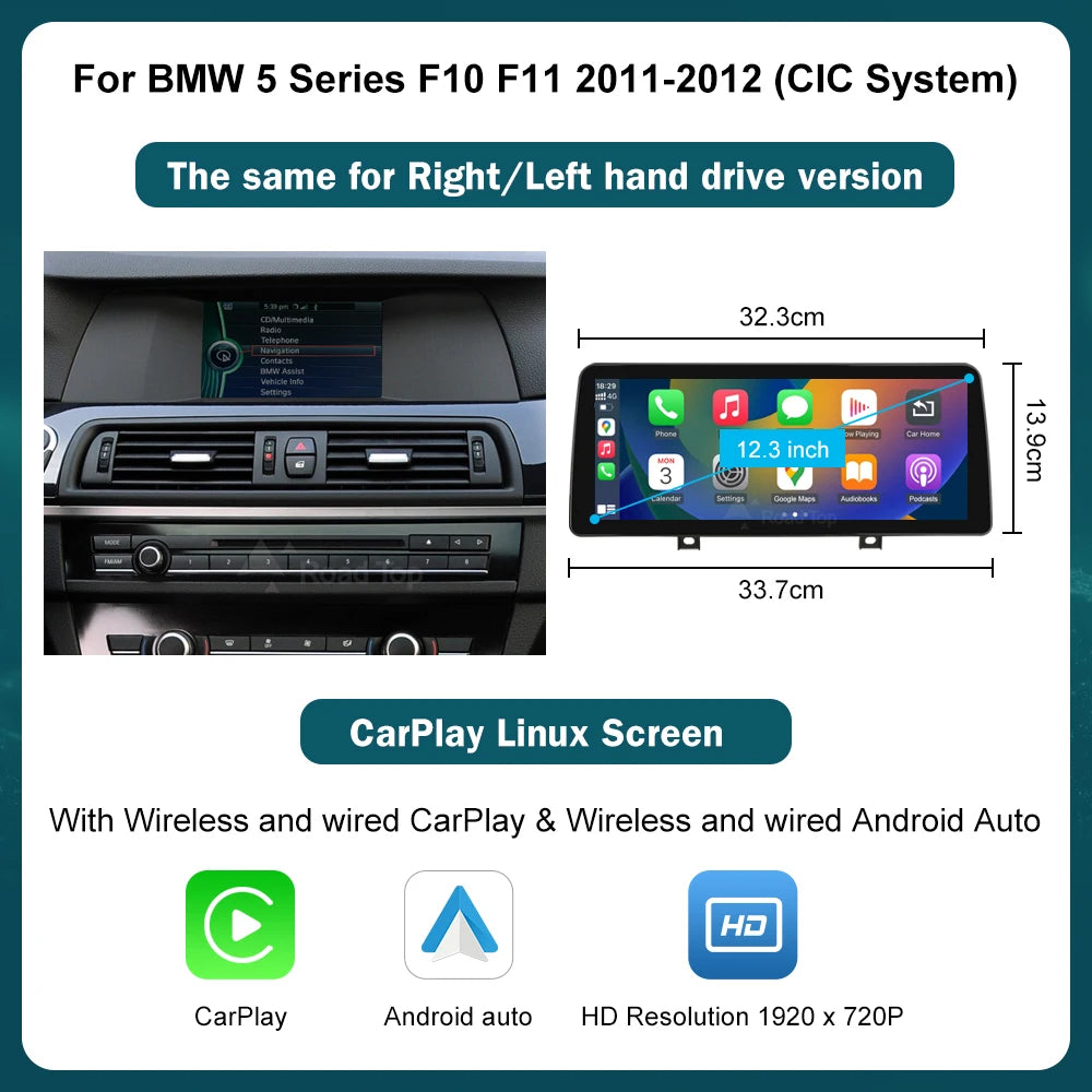 RoadTop Wireless CarPlay Touch Screen For BMW Series 5 F01 F10 F11 G30 2011-2023 CIC NBT EVO Multimedia Radio Linux System