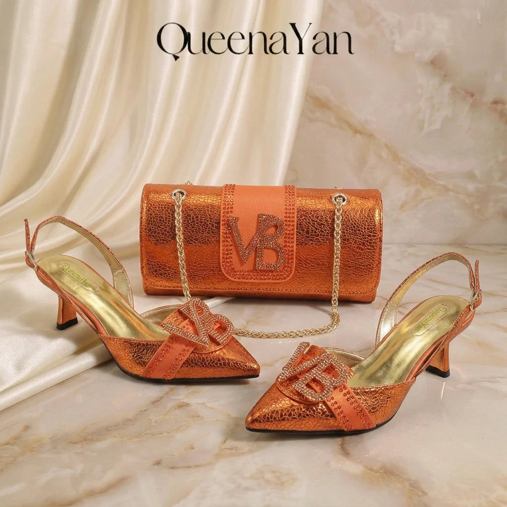 2026 Orange Slingback Shoe & Bag Set Rhinestone VB Letter Decor Pointed Toe High Heels for Wedding Evening Party Occasions