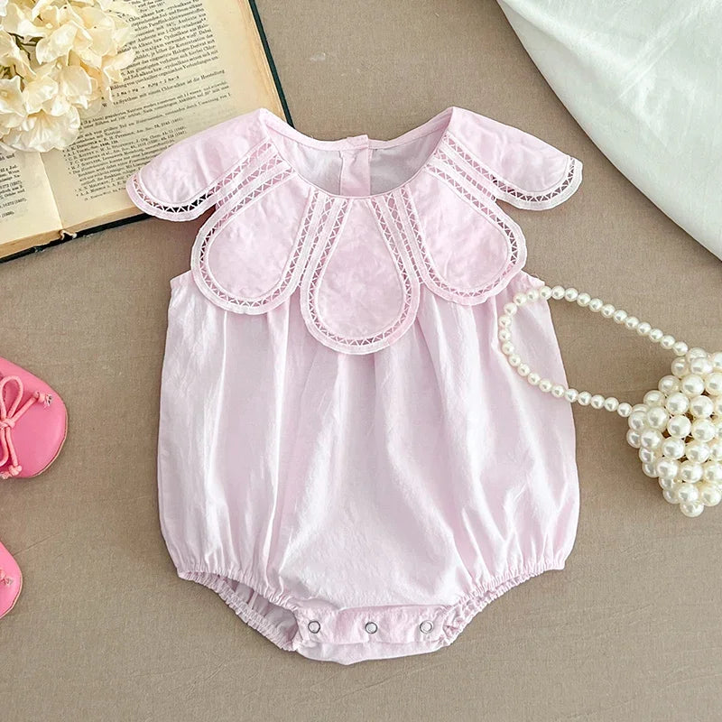 Summer 0-24M Baby Girl Clothing Petal Collar Newborn Baby Girl Romper Sleeveless Cotton Splicing Toddler Baby Girls Jumpsuit