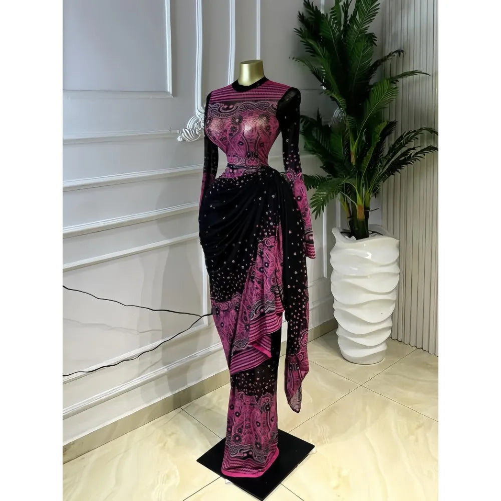 CM.YAYA Women Tie Dye Printed Stacked Ruched Long Sleeve Midi Bodycon Maxi Long Dress Birthday Party Education Trendy Dresses