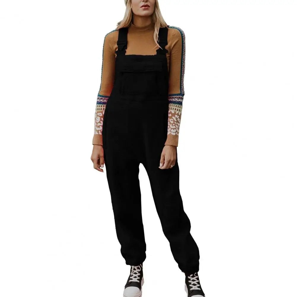 Fall Winter Women Jumpsuit Solid Color Plush Loose Overalls For Women One-piece Sleeveless Ankle-banded Cargo Outfit With Pocket