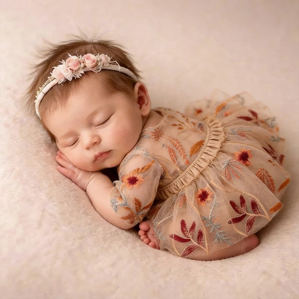 Newborn Girl Photography Dress Embroidered Floral Tulle Outfit Newborn Photo Shoot Dress Boho Newborn Photoshoot Outfits